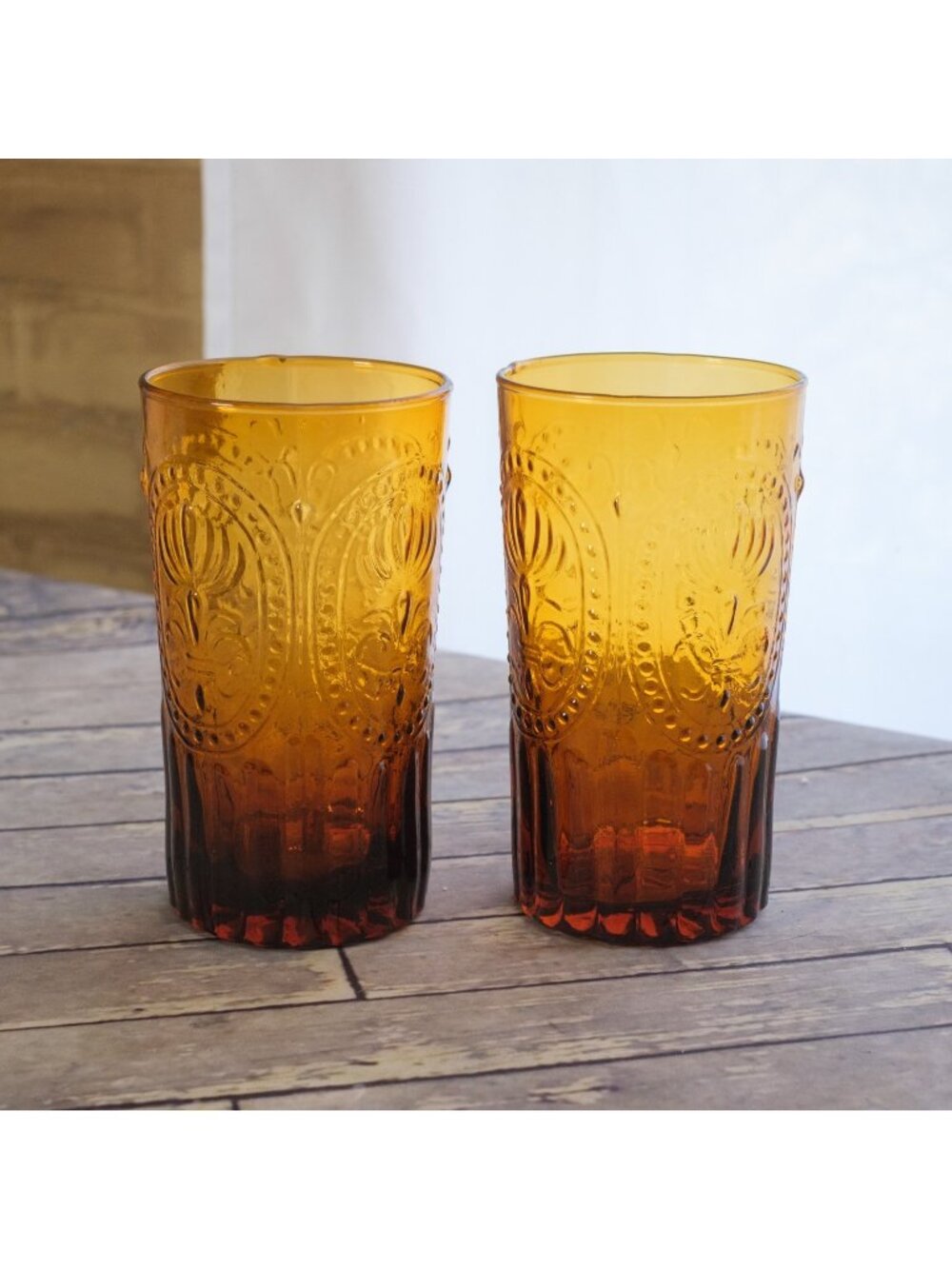 ANTHROPOLOGIE Fleur De Lis Amber Glass Tumbler 20 oz-Set of 2 CLEAN